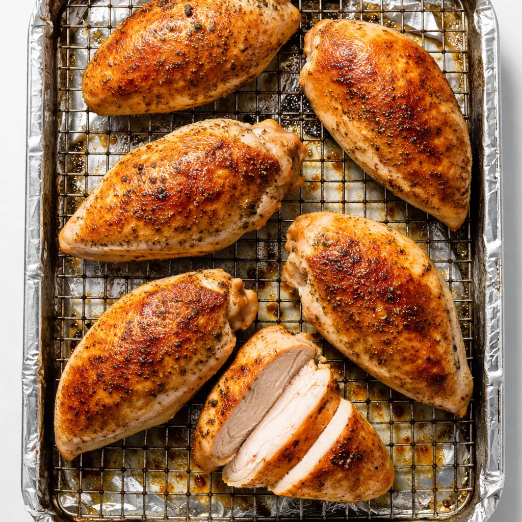 Raw chicken breasts coated with creamy ranch dressing and breadcrumbs, ready for baking on a sheet pan.