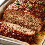 Sliced easy Italian meatloaf with a moist, tender crumb and glossy tomato glaze on a white plate.