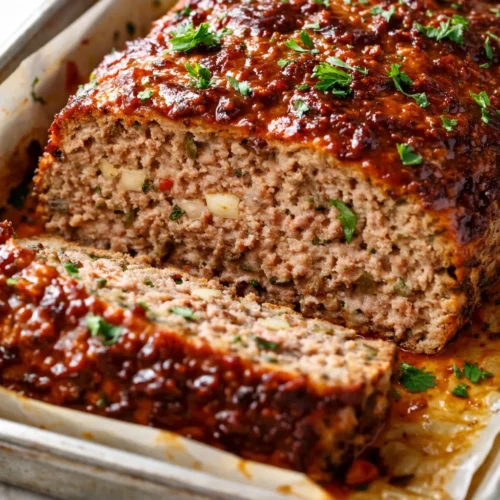 Sliced easy Italian meatloaf with a moist, tender crumb and glossy tomato glaze on a white plate.