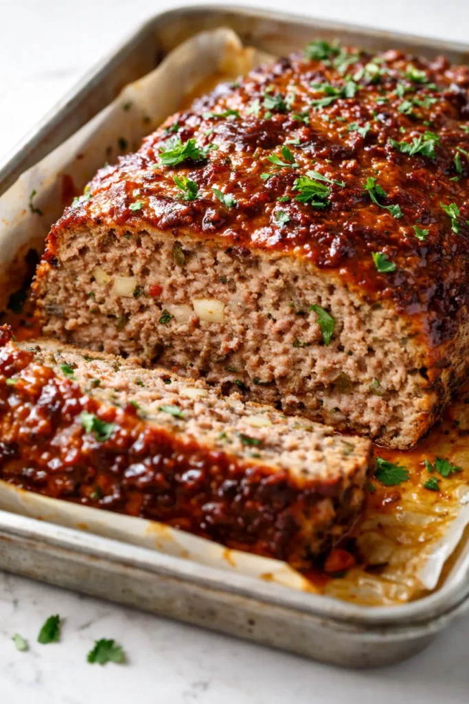 Sliced easy Italian meatloaf with a moist, tender crumb and glossy tomato glaze on a white plate.