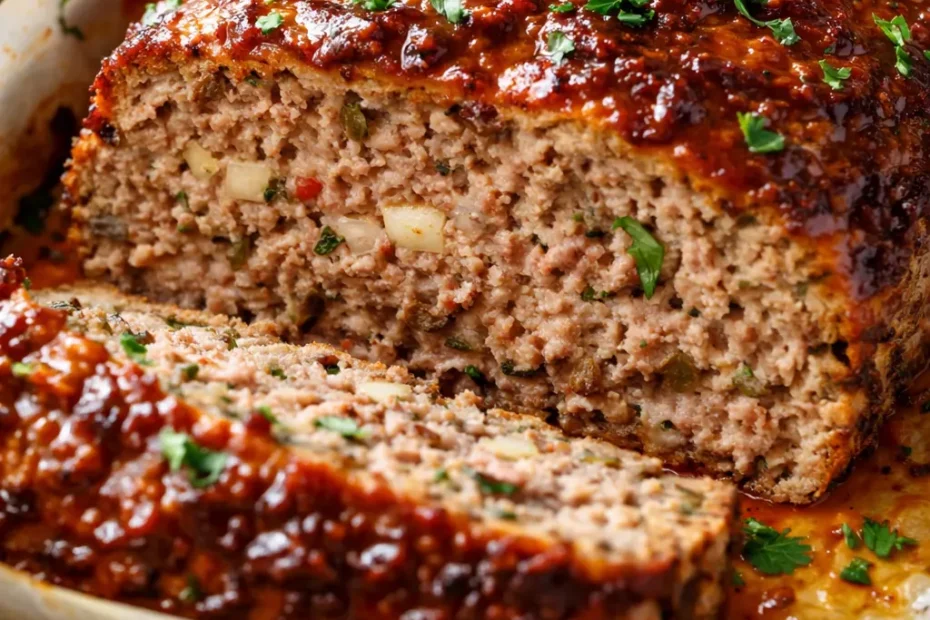 Sliced easy Italian meatloaf with a moist, tender crumb and glossy tomato glaze on a white plate.
