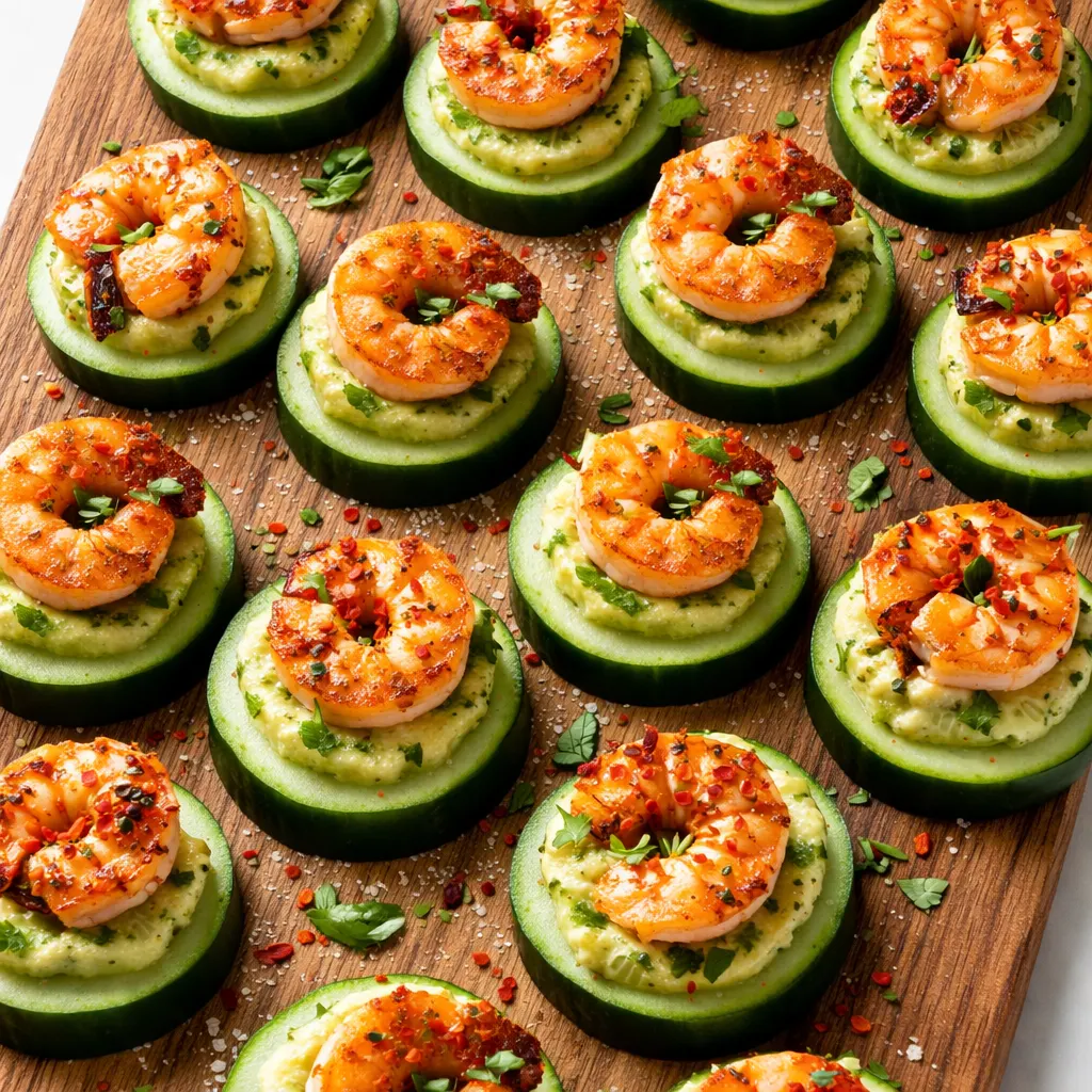 Arranging cooked shrimp on creamy guacamole over cucumber rounds for easy shrimp guacamole bites with vibrant green and pink colors.