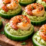 Crispy tortilla chips topped with creamy green guacamole and succulent shrimp, garnished with fresh cilantro and lime wedges for a colorful party appetizer