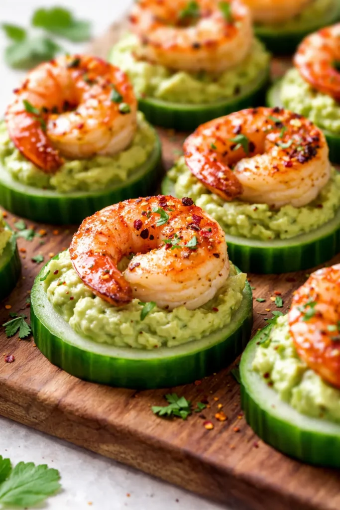Crispy tortilla chips topped with creamy green guacamole and succulent shrimp, garnished with fresh cilantro and lime wedges for a colorful party appetizer