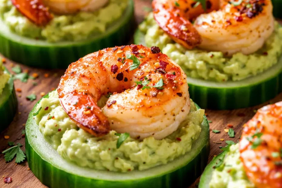 Crispy tortilla chips topped with creamy green guacamole and succulent shrimp, garnished with fresh cilantro and lime wedges for a colorful party appetizer