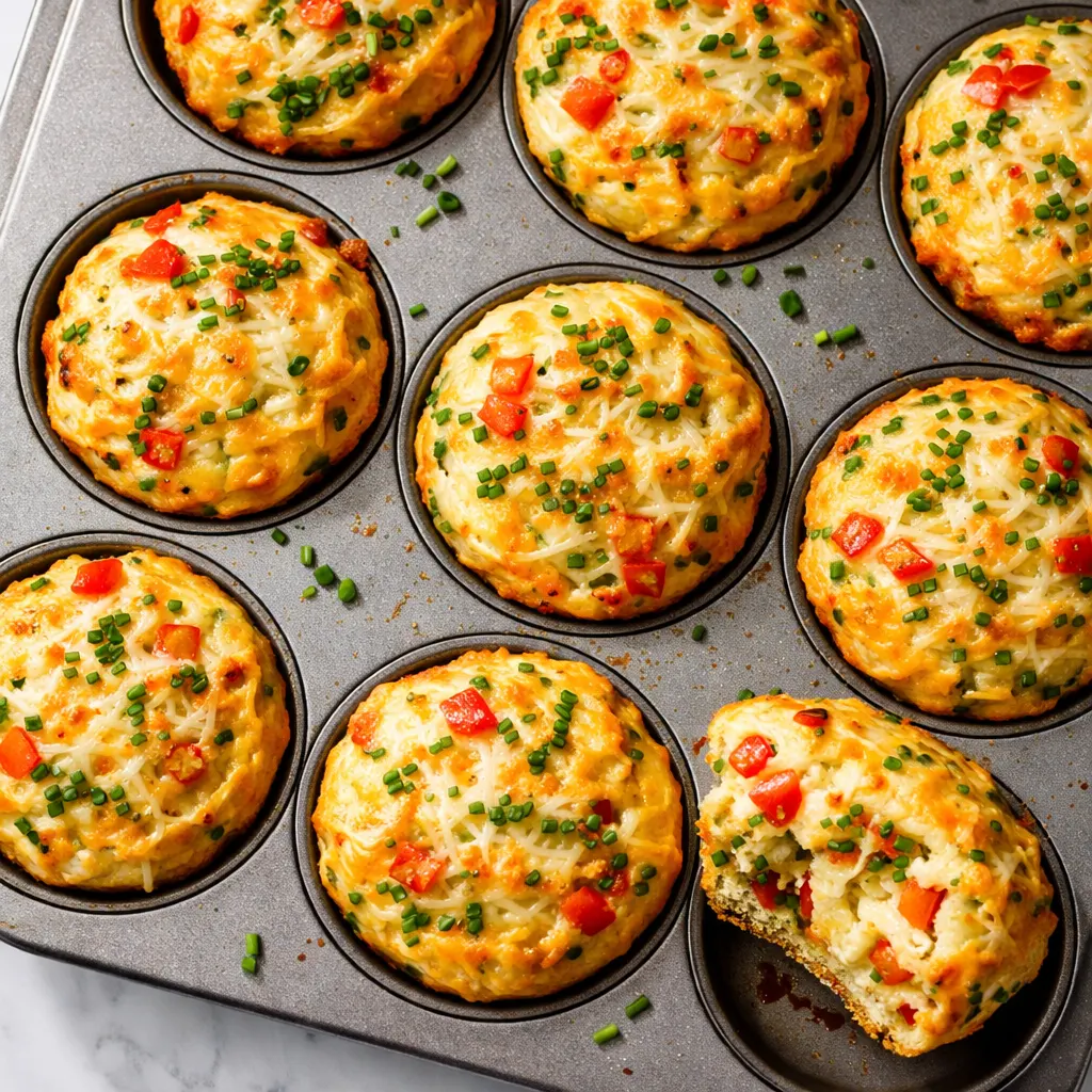 Fluffy golden egg muffins with melted cheese and green pepper chunks in a nonstick muffin tin.