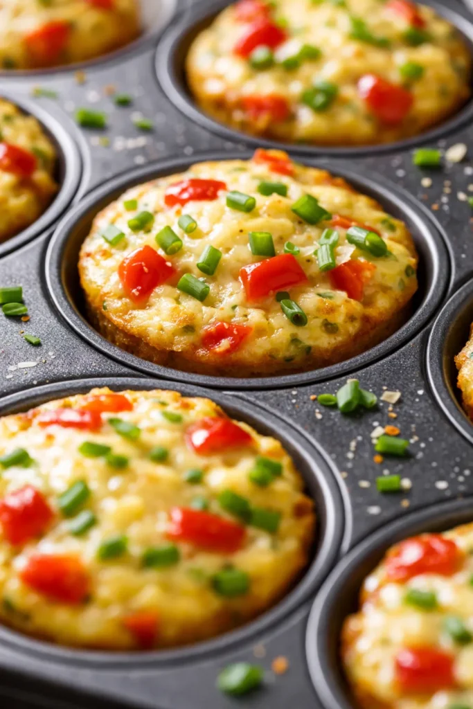 Golden fluffy egg muffins with melted cheese and vegetables, airy crumb and lightly browned tops.