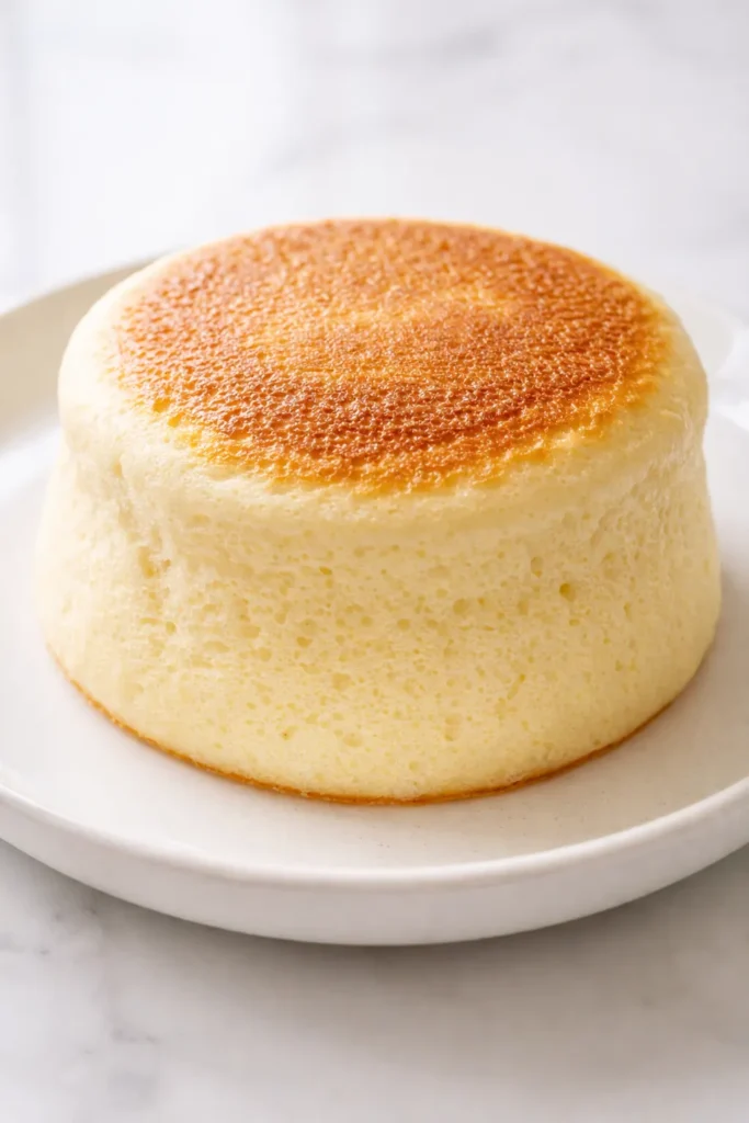 Tall and jiggly fluffy Japanese soufflé pancakes with golden-brown edges, dusted with powdered sugar and drizzled with syrup.