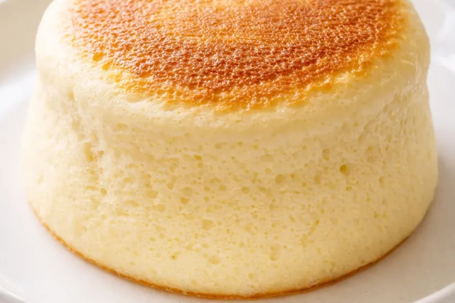 Tall and jiggly fluffy Japanese soufflé pancakes with golden-brown edges, dusted with powdered sugar and drizzled with syrup.
