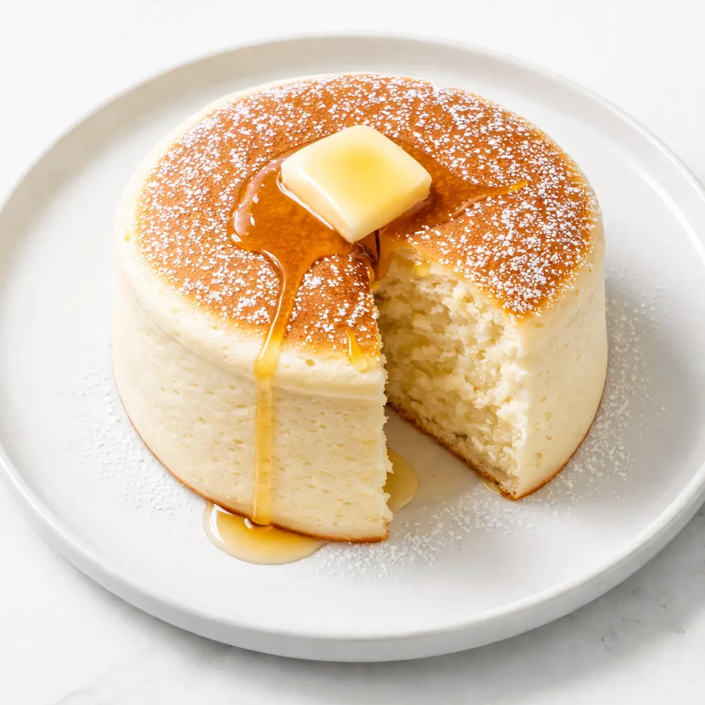 Tall golden fluffy Japanese soufflé pancakes with a jiggly texture, dusted with powdered sugar and syrup