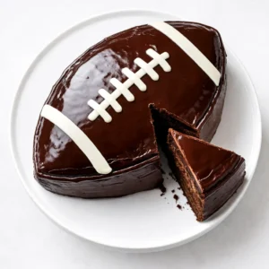 Pouring glossy chocolate ganache over a football-shaped cake, creating a smooth, rich coating with visible drip effect.