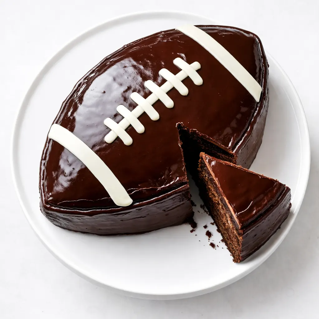 Pouring glossy chocolate ganache over a football-shaped cake, creating a smooth, rich coating with visible drip effect.