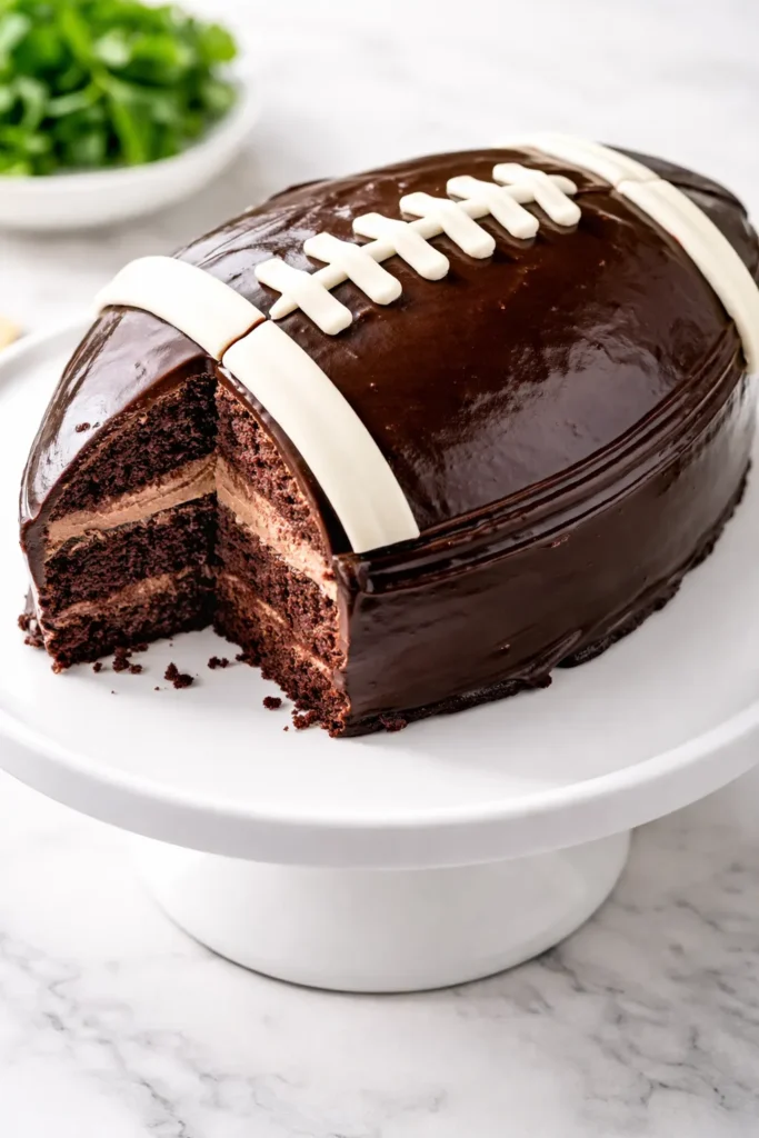 Rich chocolate ganache football cake with glossy smooth frosting and white icing laces decoration