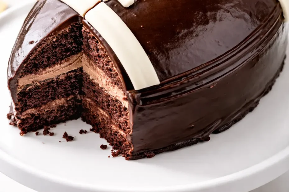 Rich chocolate ganache football cake with glossy smooth frosting and white icing laces decoration