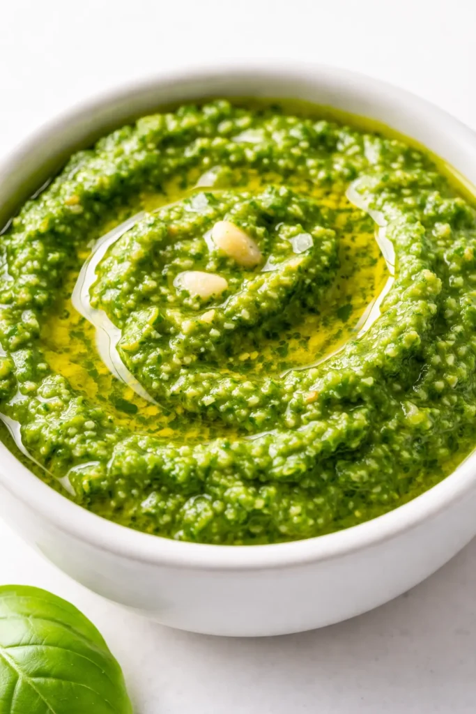 Vibrant green fresh basil pesto spooned over pasta, with glossy texture and visible basil leaves and pine nuts.