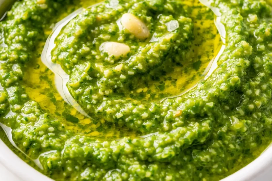Vibrant green fresh basil pesto spooned over pasta, with glossy texture and visible basil leaves and pine nuts.