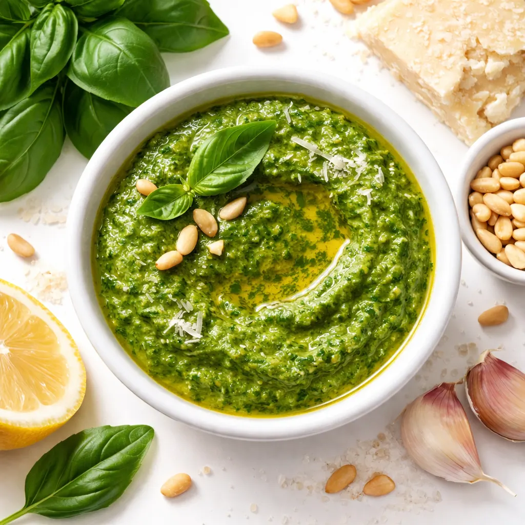 Bright green fresh basil pesto being blended with olive oil and pine nuts in a food processor.