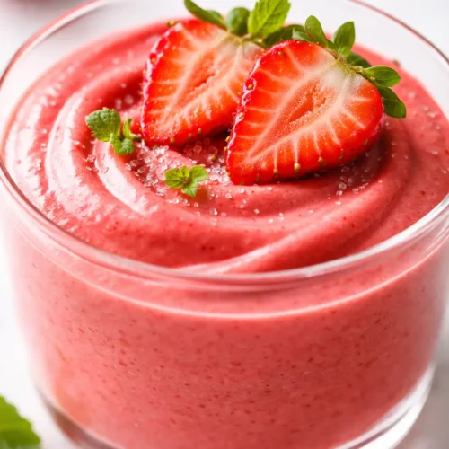 Fresh strawberry mousse in a glass cup, creamy pink layers with fresh mint and sliced strawberries on top.