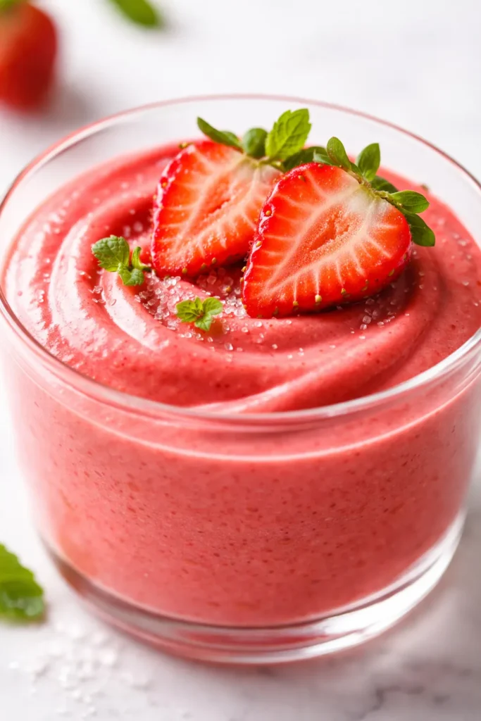 Fresh strawberry mousse in a glass cup, creamy pink layers with fresh mint and sliced strawberries on top.