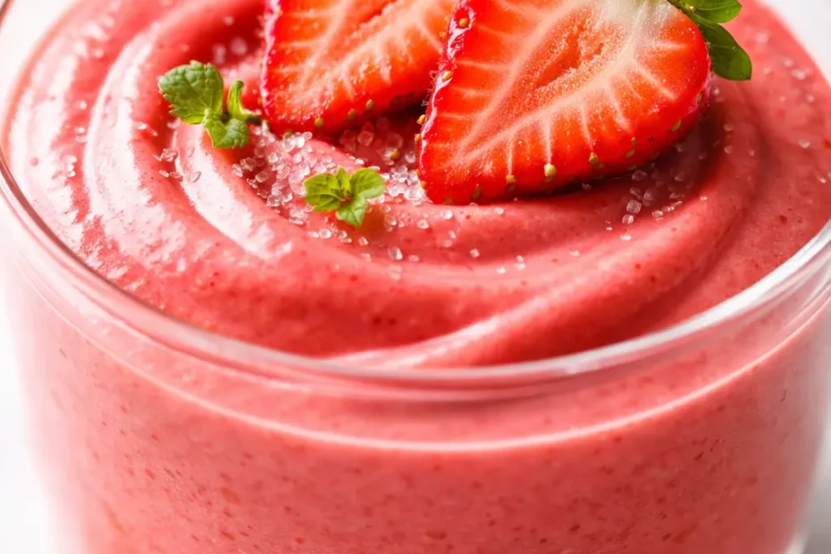 Fresh strawberry mousse in a glass cup, creamy pink layers with fresh mint and sliced strawberries on top.