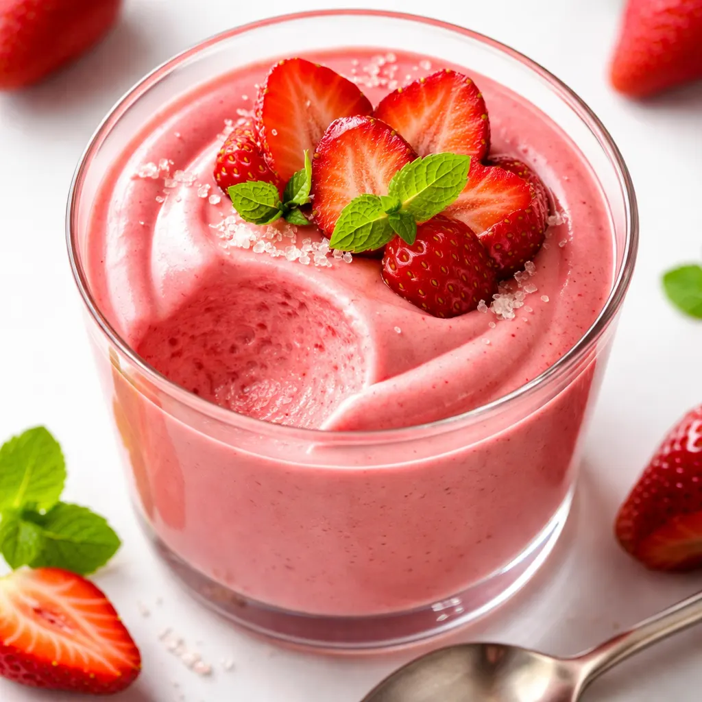 Creamy fresh strawberry mousse being spooned into a glass, revealing a smooth texture and fresh strawberry pieces.