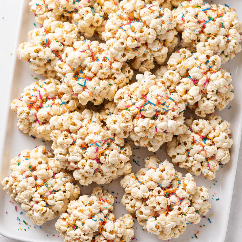 Pouring sticky marshmallow mixture over crunchy popcorn with colorful sprinkles to make funfetti treats that stay crisp.