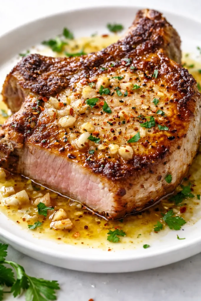 Juicy garlic butter pan seared pork chops with golden crust and garlic butter sauce, garnished with fresh parsley.