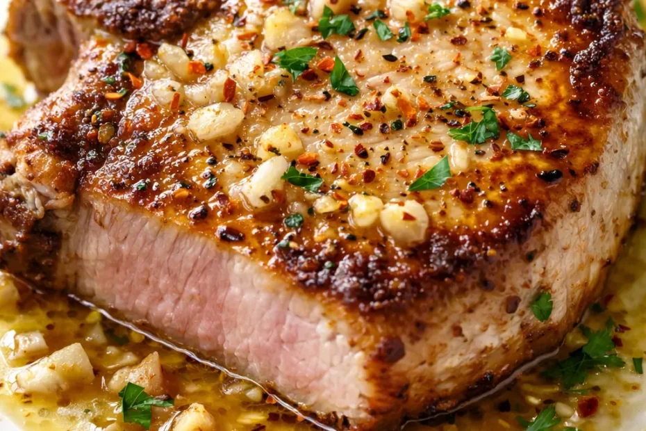 Juicy garlic butter pan seared pork chops with golden crust and garlic butter sauce, garnished with fresh parsley.