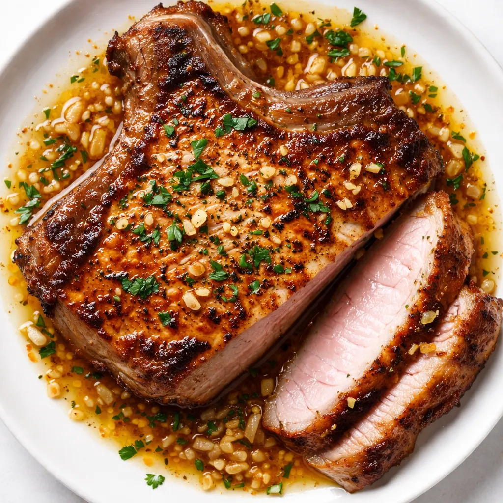 Golden brown pan seared pork chops basting in sizzling garlic butter with crispy edges and juicy interior.