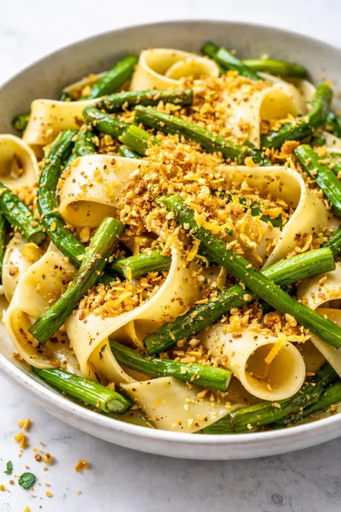 Creamy garlic scape pasta with vibrant green scapes and shaved Parmesan, glistening with olive oil.