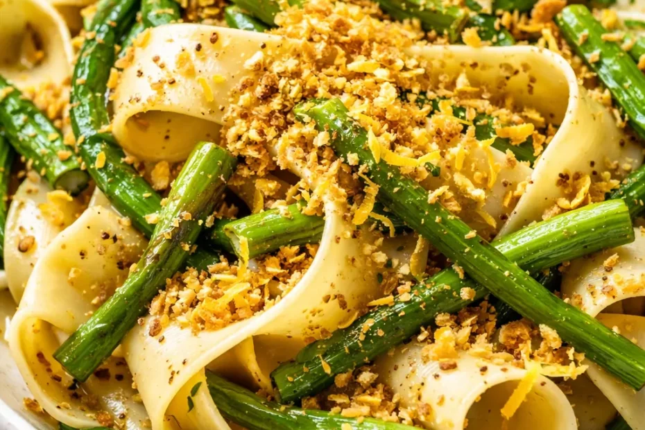 Creamy garlic scape pasta with vibrant green scapes and shaved Parmesan, glistening with olive oil.