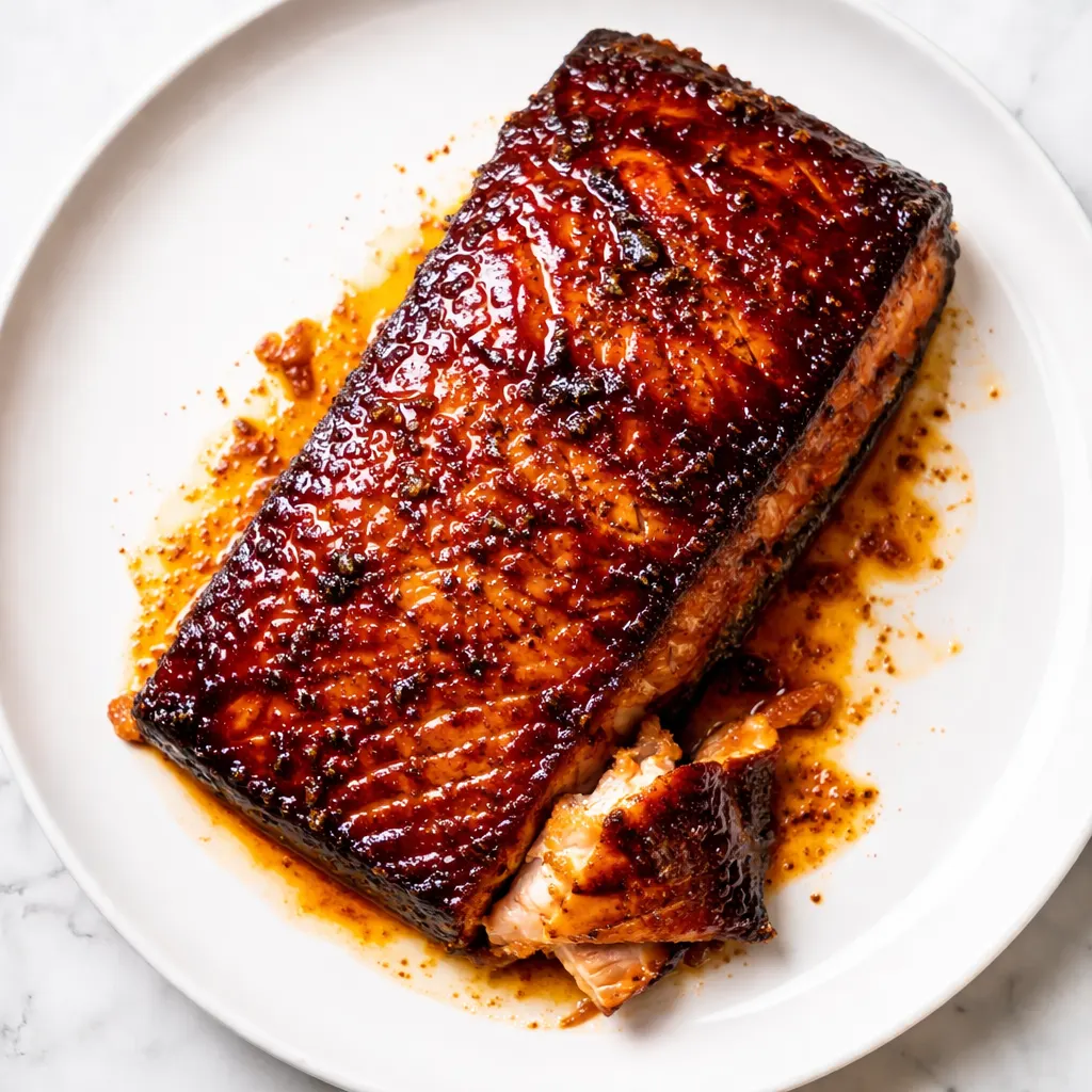 Glossy lacquered Cajun honey butter salmon with a sticky caramelized glaze, garnished with fresh parsley, on a black plate.