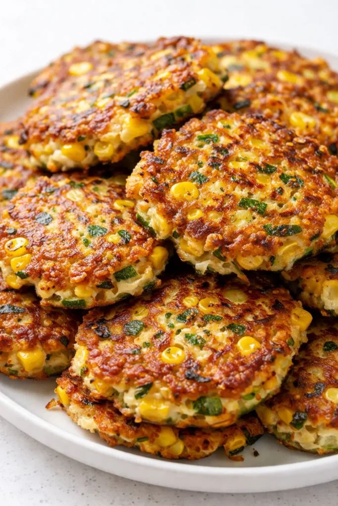 Crispy golden-brown zucchini corn fritters stacked on a plate, with visible corn kernels and shredded zucchini, served with a dollop of sour cream and fresh chives.