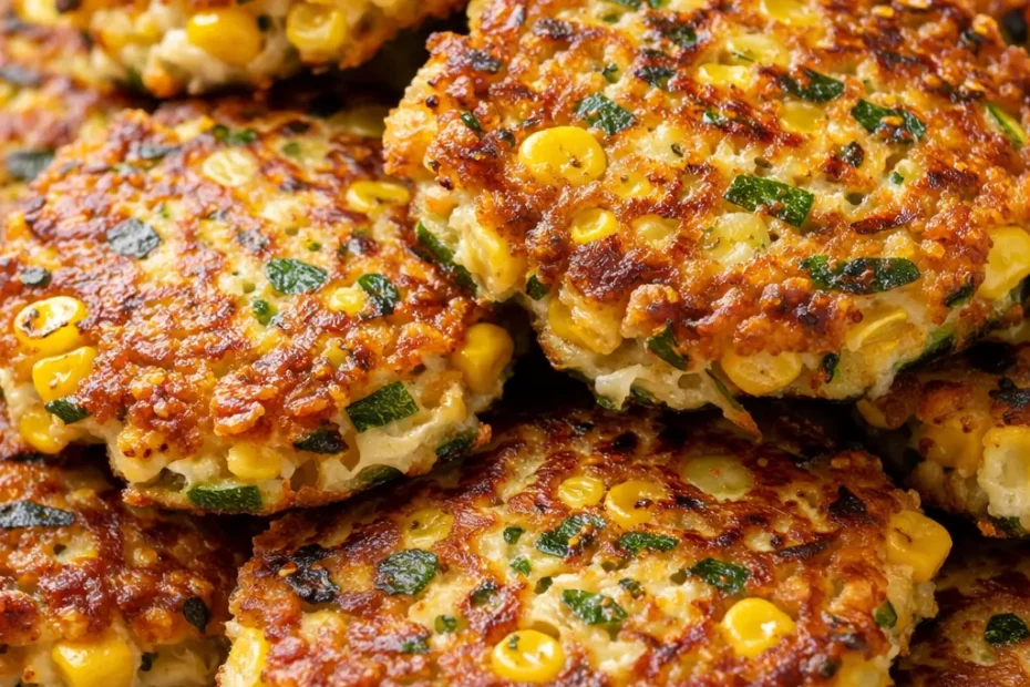 Crispy golden-brown zucchini corn fritters stacked on a plate, with visible corn kernels and shredded zucchini, served with a dollop of sour cream and fresh chives.