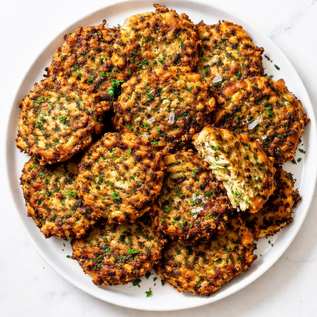 Crisp, golden zucchini fritters with lacy, browned edges cooking in a skillet.