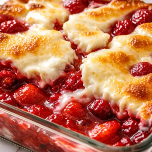 Gooey strawberry earthquake cake with a cracked top revealing vibrant strawberry filling and moist crumb.