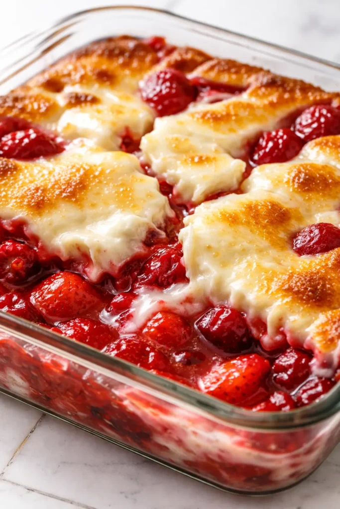 Gooey strawberry earthquake cake with a cracked top revealing vibrant strawberry filling and moist crumb.
