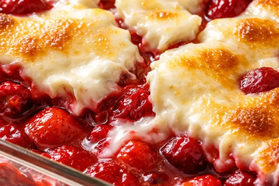 Gooey strawberry earthquake cake with a cracked top revealing vibrant strawberry filling and moist crumb.