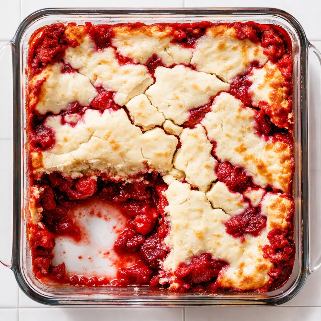 Gooey strawberry earthquake cake with golden-brown crust cracks open, revealing glossy red strawberry filling.