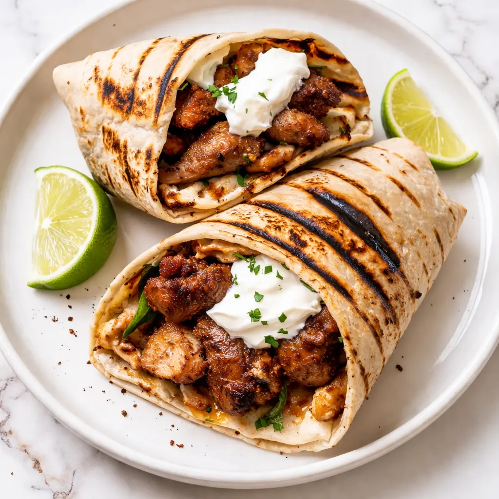 Golden-brown grilled chicken wraps with crisp lettuce, tomato, and a sprinkle of cheese, sliced to reveal layered fillings and a crunchy tortilla exterior.