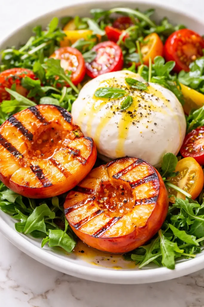 Grilled peach burrata salad with creamy cheese, charred peaches, peppery arugula, and a drizzle of balsamic glaze on a white plate