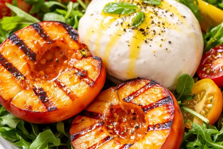 Grilled peach burrata salad with creamy cheese, charred peaches, peppery arugula, and a drizzle of balsamic glaze on a white plate