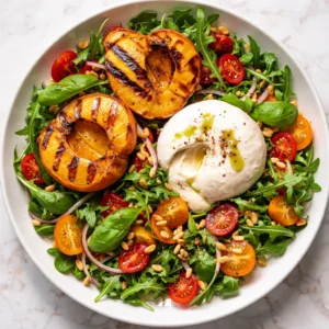 Charred grilled peach halves on a wooden board with a ball of creamy burrata cheese and fresh basil leaves, drizzled with balsamic glaze.