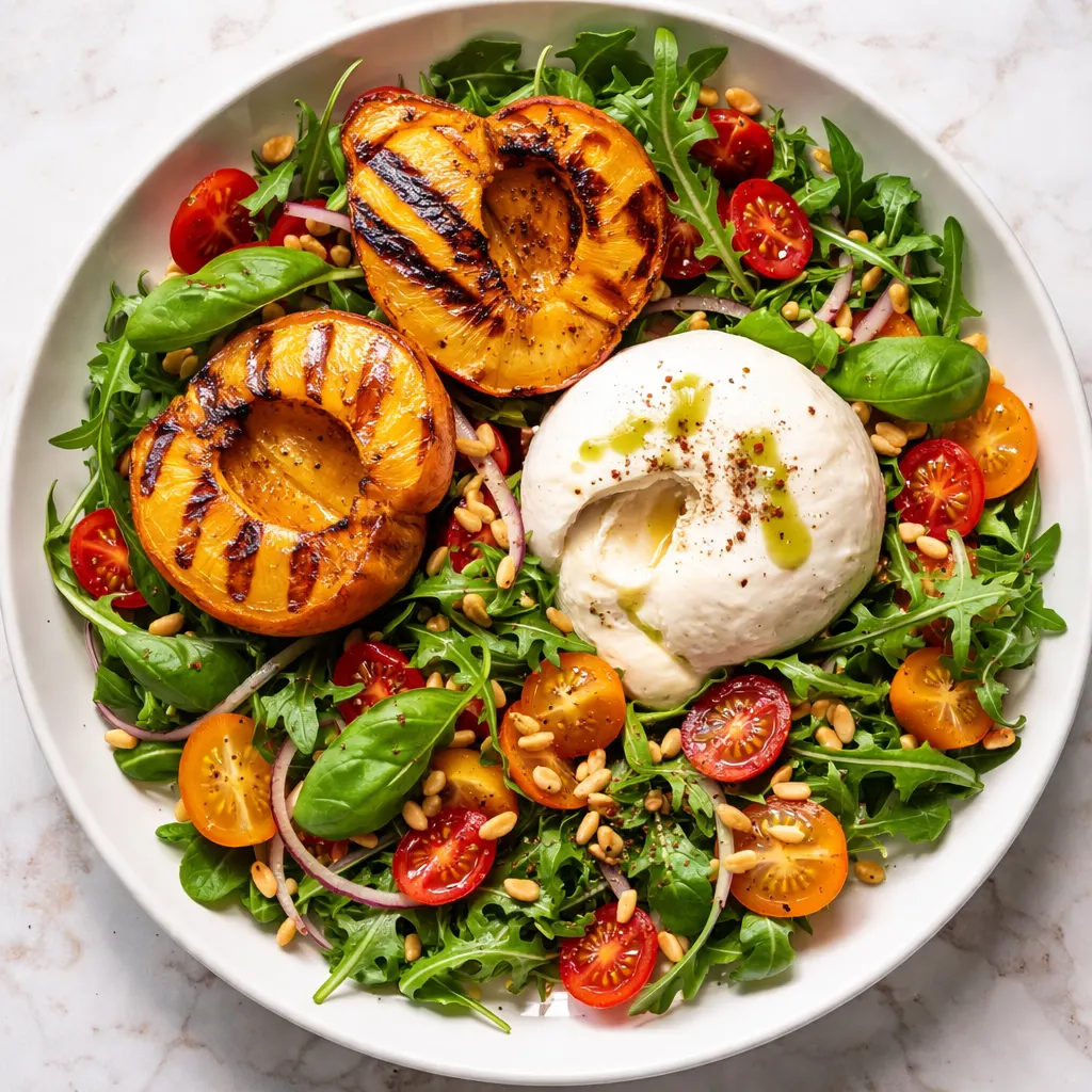 Charred grilled peach halves on a wooden board with a ball of creamy burrata cheese and fresh basil leaves, drizzled with balsamic glaze.