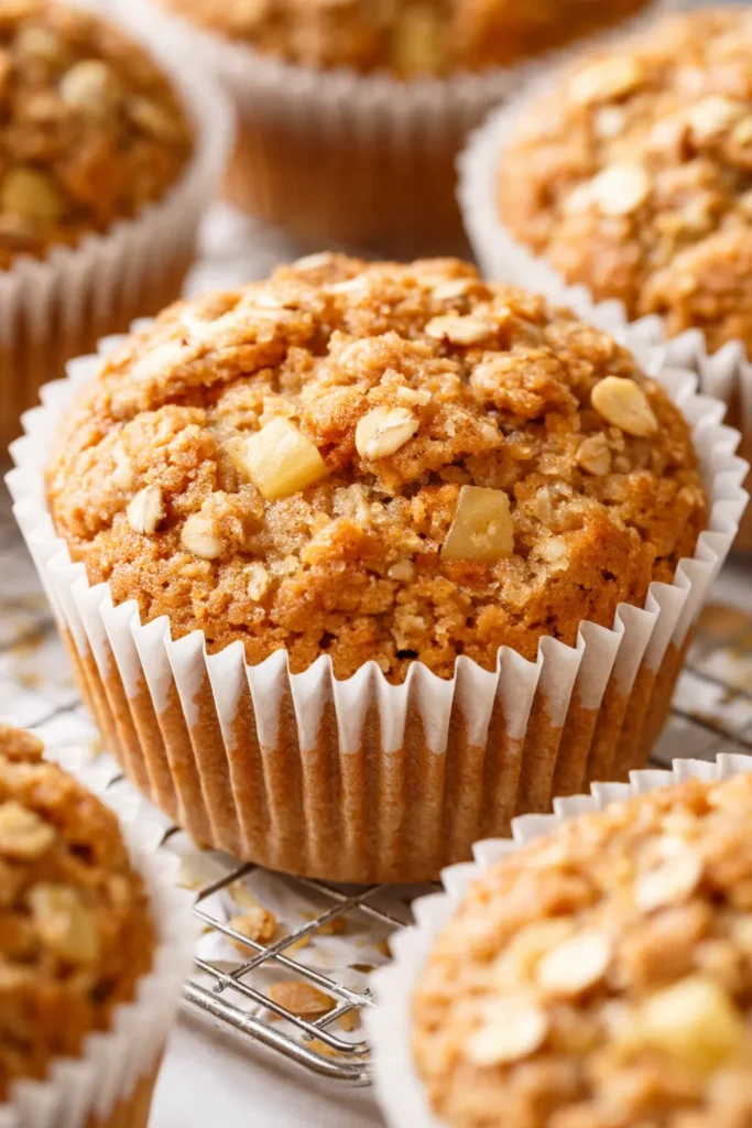 Golden brown healthy apple cinnamon oat muffins with visible oat flakes and tender crumb, sitting on a cooling rack