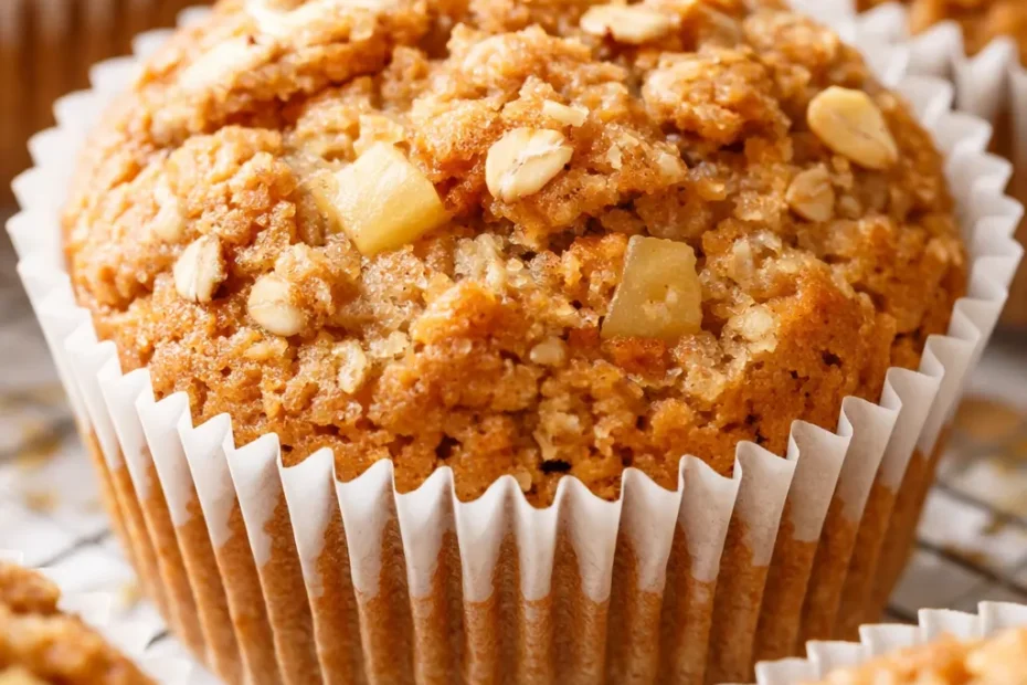 Golden brown healthy apple cinnamon oat muffins with visible oat flakes and tender crumb, sitting on a cooling rack