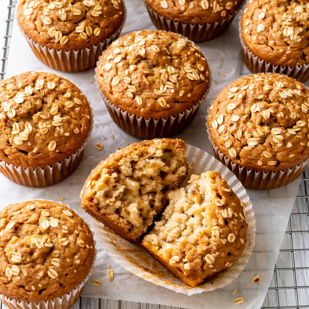 Healthy apple cinnamon oat muffin batter being spooned into a paper-lined muffin tin, showing chunky oats and cinnamon swirls.