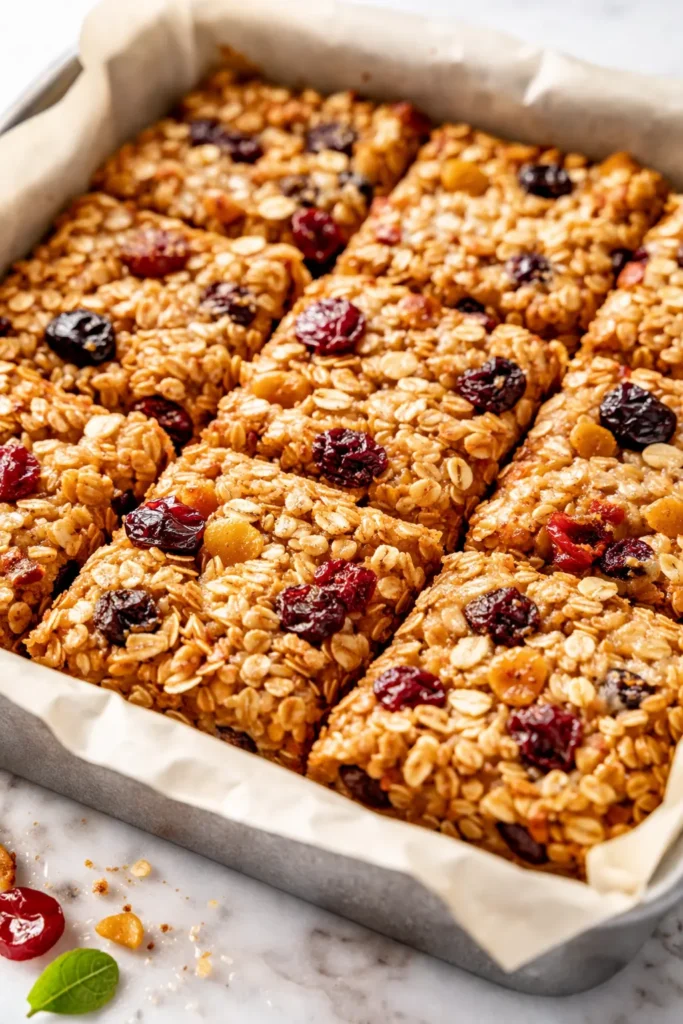 Golden brown healthy breakfast cereal bars with chewy texture, oats, nuts, and dried fruit on a plate
