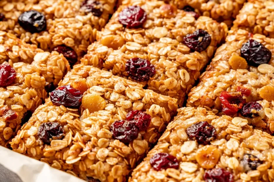 Golden brown healthy breakfast cereal bars with chewy texture, oats, nuts, and dried fruit on a plate