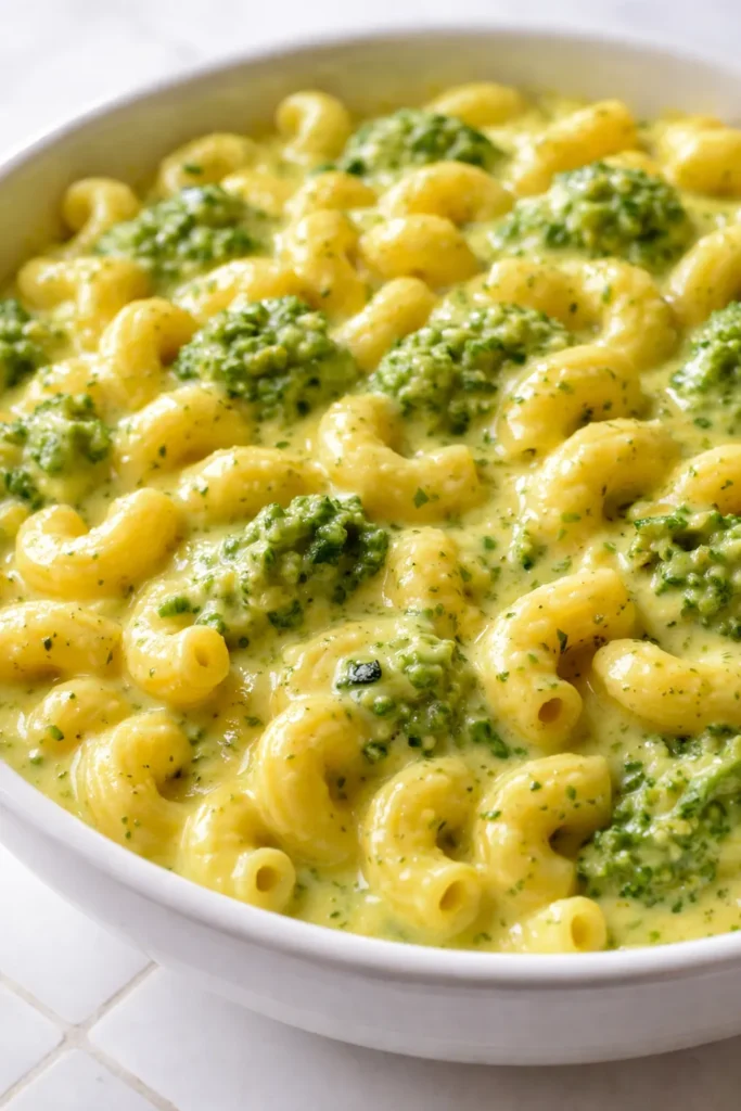 Creamy healthy one pot broccoli mac and cheese with tender broccoli florets and a rich golden cheese sauce.